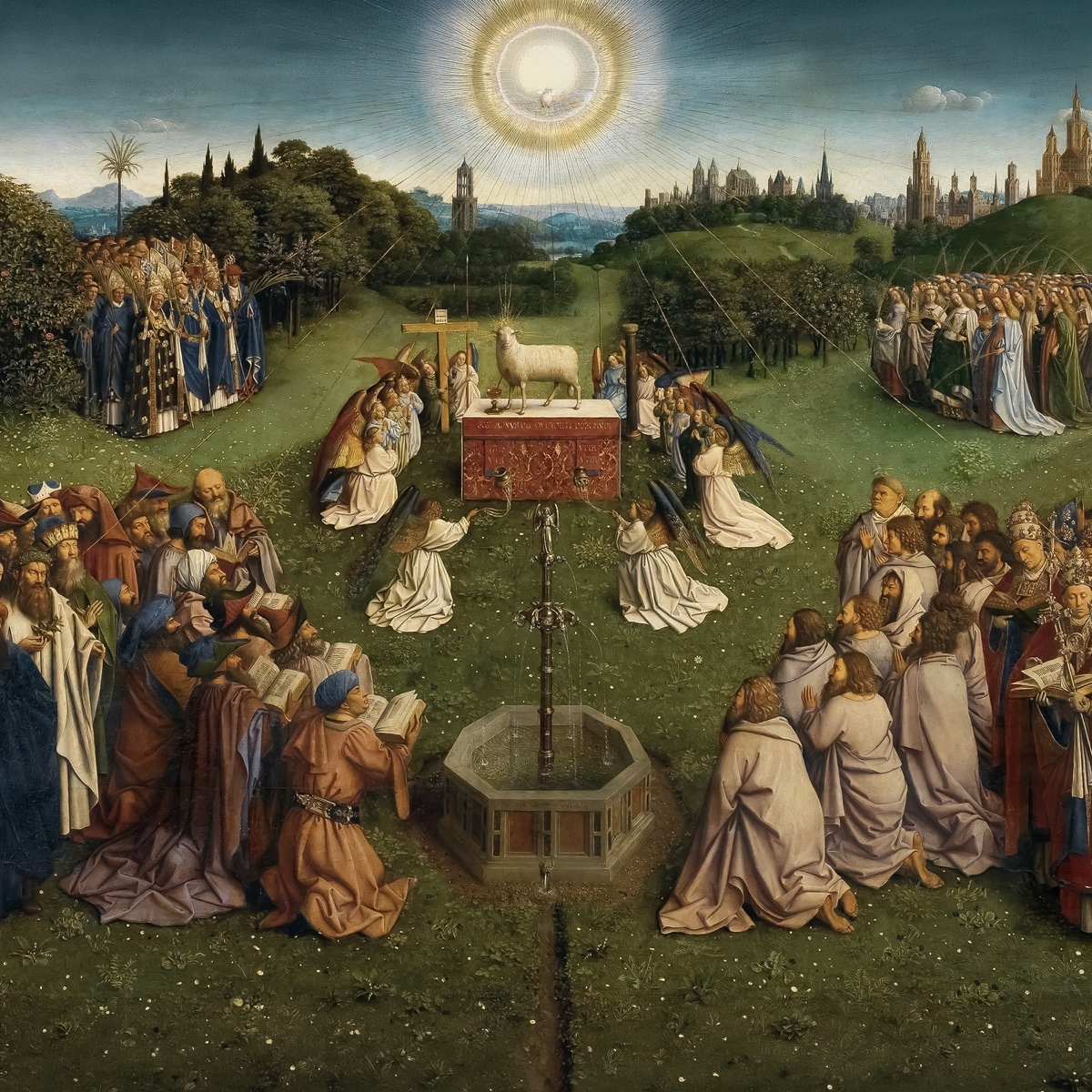 The Holy Spirit album cover, after Van Eyck's Adoration of the Mystic Lamb